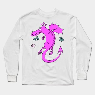 cute happy dragon in pink with flowers Long Sleeve T-Shirt